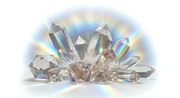 Clear quartz crystal cluster with rainbow light reflections on white background isolated for spiritual healing and meditation designs.