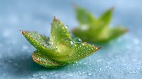 Fresh green succulent leaves with morning dew drops in soft focus. Natural macro photography showing water droplets on plant surface in dreamy light.