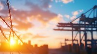 Dramatic industrial port silhouette at golden sunset with cargo cranes and barbed wire fence creating contrast between security and commerce in harbor setting.