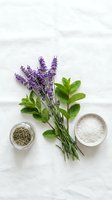 Fresh lavender sprigs with mint leaves and sea salt arranged on white marble surface for natural spa and aromatherapy treatments.