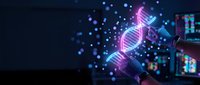 Glowing DNA double helix structure with neon pink and blue lights on dark background for biotechnology and genetic research presentations.