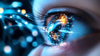 Futuristic close-up of human eye with digital technology elements, glowing circles and light effects reflecting in iris. Concept of virtual reality and biometric scanning.