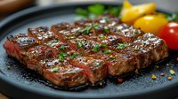 Juicy grilled ribeye steak with grill marks, seasoned with herbs and spices, served medium rare on dark plate with colorful garnish and fresh vegetables.