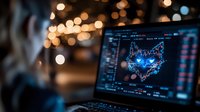 Glowing blue cat-shaped cryptocurrency trading chart on laptop screen with bokeh lights background, showing market analysis and financial data.