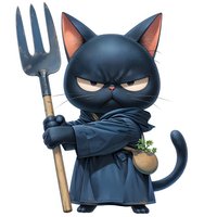 Grumpy black cat character in dark robe holding pitchfork and plant pot, with annoyed expression and crossed arms. Isolated cartoon mascot on white background.