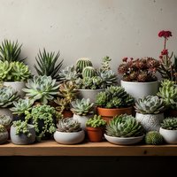 Collection of diverse succulent plants in various pots arranged on wooden surface against neutral wall for home decor and gardening projects.