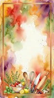Watercolor cooking background with fresh vegetables, kitchen utensils, and vibrant rainbow washes. Isolated white space for text, perfect for recipe cards, menus, and culinary designs.