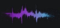 Audio wave visualization in gradient colors from purple to blue on black background, with dynamic splatter effect and frequency spectrum display.