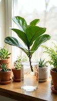 Fiddle leaf fig cutting with roots in glass vase on wooden windowsill surrounded by small potted succulents and plants in bright natural light.