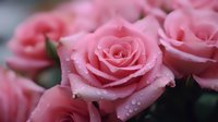 Fresh pink roses with morning dew drops on delicate petals create romantic atmosphere, close-up macro photography with soft bokeh background.