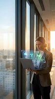 Businesswoman holding laptop with holographic safety and environmental protection icons displayed, standing by office window at sunset with city skyline view.