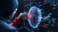 Person in hoodie touching digital face hologram with glowing particles against dark background with data visualization elements.