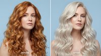 Hair color transformation from vibrant red curls to platinum blonde waves showing dramatic before and after styling change for beauty salon services.