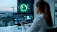 Young Asian businesswoman analyzing digital data on multiple screens with futuristic interface showing global network connections and analytics.