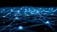 Abstract network visualization with glowing blue nodes connected by illuminated lines against dark background, representing digital connectivity and data flow.