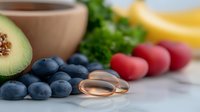 Fresh healthy breakfast ingredients with avocado, blueberries, cherry tomatoes and vitamin supplement capsules arranged on marble surface in morning light.