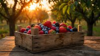 Fresh mixed berries in rustic wooden crate on table during golden hour sunset. Strawberries, blueberries and blackberries harvest concept for healthy eating.