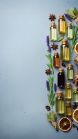 Essential oils in glass bottles with lavender, herbs and spices arranged on blue background for aromatherapy, wellness and natural skincare products.