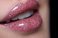 Close up of plump glossy lips with sparkly pink glitter lipstick showing white teeth. Macro beauty shot highlighting glamorous makeup and cosmetics.
