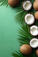 Fresh coconuts and palm leaves arranged on green background creating tropical border with copy space for summer designs and layouts.