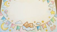 Cute teddy bear sleeping on cloud surrounded by bunting, moon, stars and planets on isolated white background. Perfect for nursery decor, baby shower invitations, children's clothing and greeting cards.
