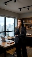 Thoughtful businesswoman in formal attire standing in modern office with city skyline view, laptop and wooden desk, contemplative pose for corporate and professional concepts.