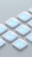 Isometric arrangement of white rounded square app interface buttons with soft gradient pastel backgrounds and turquoise icons for home, explore, favorites, settings, and profile functions for mobile application design.