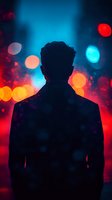 Silhouette of male figure standing against vibrant bokeh lights in red, blue, and yellow tones, creating atmospheric nightlife or urban concept for backgrounds and design projects.
