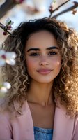 Young mixed-race woman with curly hair smiling outdoors among blooming cherry blossom branches in spring sunlight for lifestyle and beauty concepts.