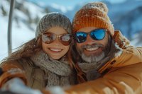 Cheerful couple in winter attire taking selfie outdoors with snow-capped mountains in background. Both wearing knit beanies, sunglasses and warm clothing on sunny day.