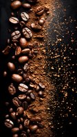 Roasted coffee beans scattered with ground coffee powder on dark background creating artistic composition for cafe menu design and beverage advertising.
