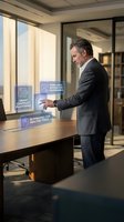 Middle-aged Caucasian businessman in gray suit interacting with holographic interface displaying compliance automation and AI analytics in modern office.