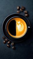 Black cup of latte art coffee with heart pattern foam and scattered roasted coffee beans on dark background, top view composition for cafe menu design.