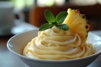 Creamy pineapple mousse swirled in white ceramic bowl, garnished with fresh mint leaves and tropical fruit slice, served as elegant dessert.