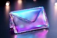 Glowing envelope icon in neon blue and purple colors on dark background with bokeh lights, modern communication concept for digital mail and messaging.