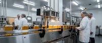 Industrial orange juice production line with automated bottling equipment and quality control workers in white uniforms monitoring beverage manufacturing process.