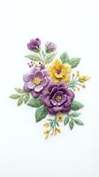 Botanical floral arrangement featuring purple and yellow blooms with green foliage on isolated white background, ready for design projects and print applications.
