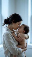 Young mother with dark hair in messy bun tenderly holding newborn baby in soft natural light by window creating intimate bonding moment at home.