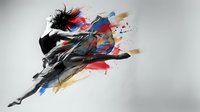 Dynamic female dancer silhouette with explosive colorful paint splashes in red blue and brown tones on white background for creative design projects.