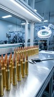 Ammunition cartridges lined up on steel table in modern manufacturing facility with industrial lighting and production equipment in background.