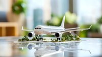 Commercial passenger aircraft model on reflective surface with miniature trees creating artistic transportation diorama scene with bokeh background.