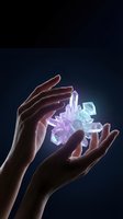 Hands holding glowing amethyst crystal cluster with purple and blue luminescent light against dark background, representing healing energy, wellness, and spiritual practices.
