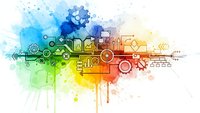 Abstract technology concept with colorful watercolor splash and digital icons representing innovation, connectivity and modern business solutions.