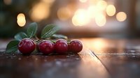 Fresh ripe cherries with green leaves on rustic wooden surface against blurred warm bokeh background, creating cozy atmosphere for food photography.