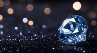 Blue diamond on dark surface with bokeh lights in background, luxury jewelry concept with sparkling reflections and soft focus effects creates elegant atmosphere.