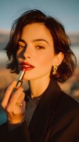 Young woman applying red lipstick during golden hour sunset, wearing elegant black blazer and gold jewelry for cosmetic advertising or beauty campaign.
