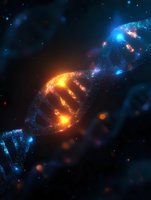 Glowing DNA helix structure with orange and blue particles against dark background, scientific molecular visualization showing genetic research and biotechnology.