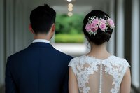 Back view of bride and groom standing together, bride wearing lace dress with floral hair accessories and groom in dark suit.