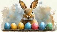 Easter bunny portrait with colorful decorated eggs in row against watercolor background, artistic holiday illustration for seasonal greeting cards.