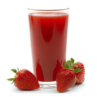 Fresh strawberry juice in clear glass with ripe strawberries on white background, perfect for healthy lifestyle and beverage advertising.